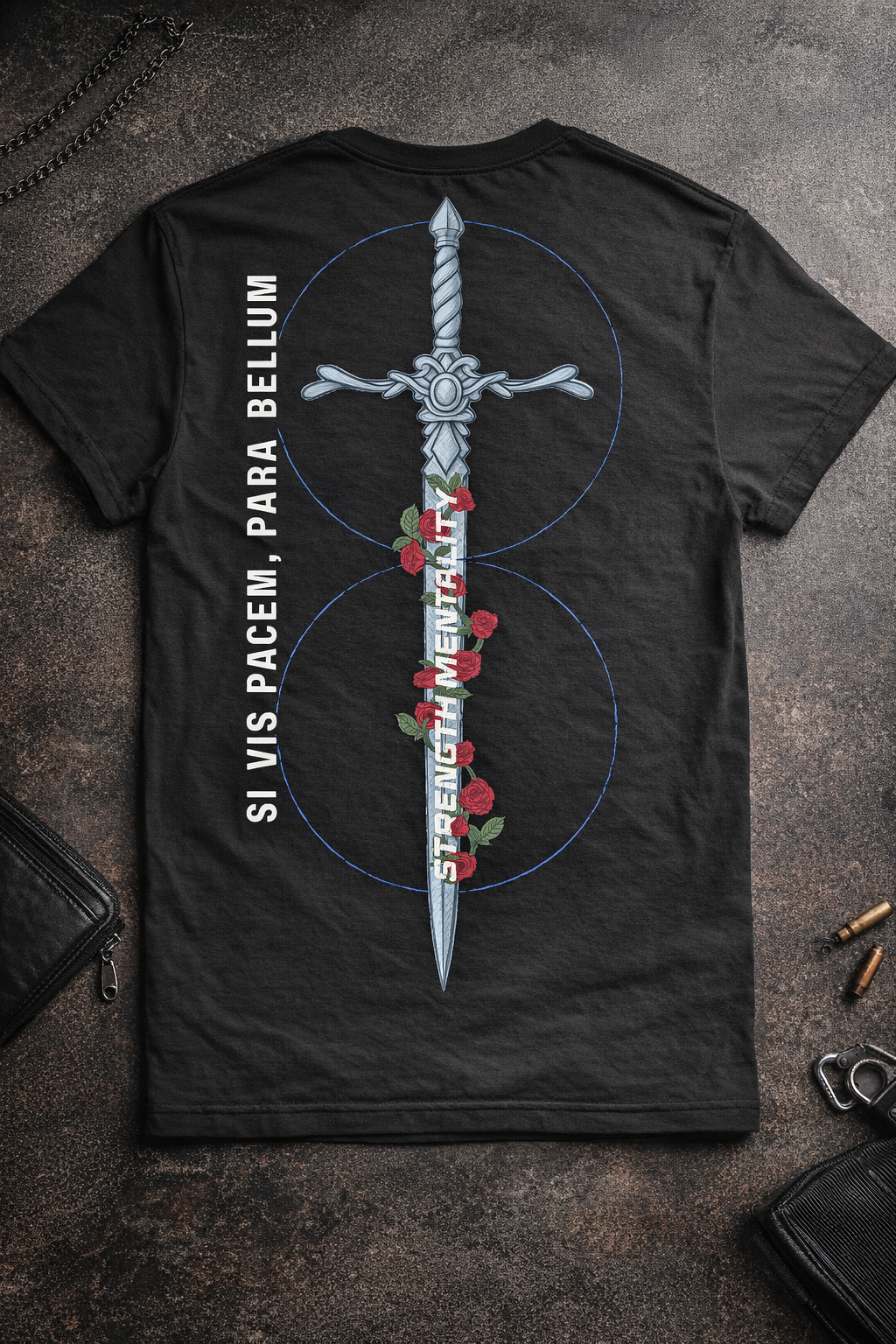 Sword & Roses T‑Shirt — Gothic Sword Back Print with Red Rose Vine
