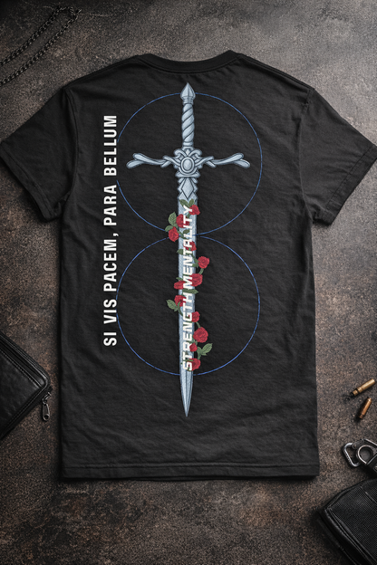 Sword & Roses T‑Shirt — Gothic Sword Back Print with Red Rose Vine